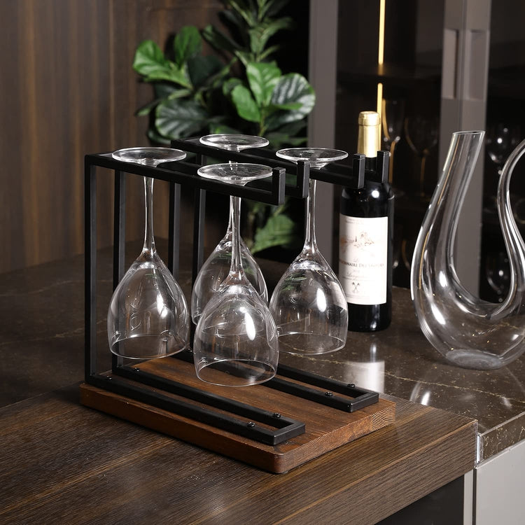 Countertop Wine Glass Stemware Holder Stand with Industrial Black Metal Double Racks and Wooden Base-MyGift