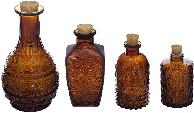 Set of 4, Embossed Amber Glass Decorative Reed Diffusers with Cork Lids, Small Apothecary Style Flower Bud Vases-MyGift