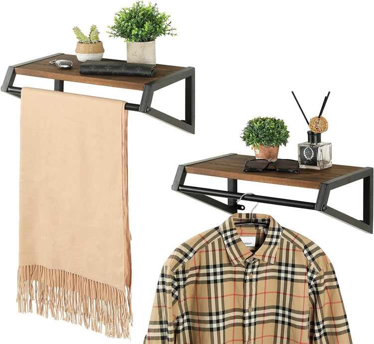 Wall Mounted Clothing Garment Rack with Floating Shelf, Brown Wood and Metal Clothes Hanger Rod-MyGift