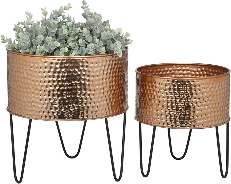 copper plant pot stand Hammered Style Copper Tone Galvanized Metal Planter Pots with Matte Black Metal Wire Stand, Set of 2