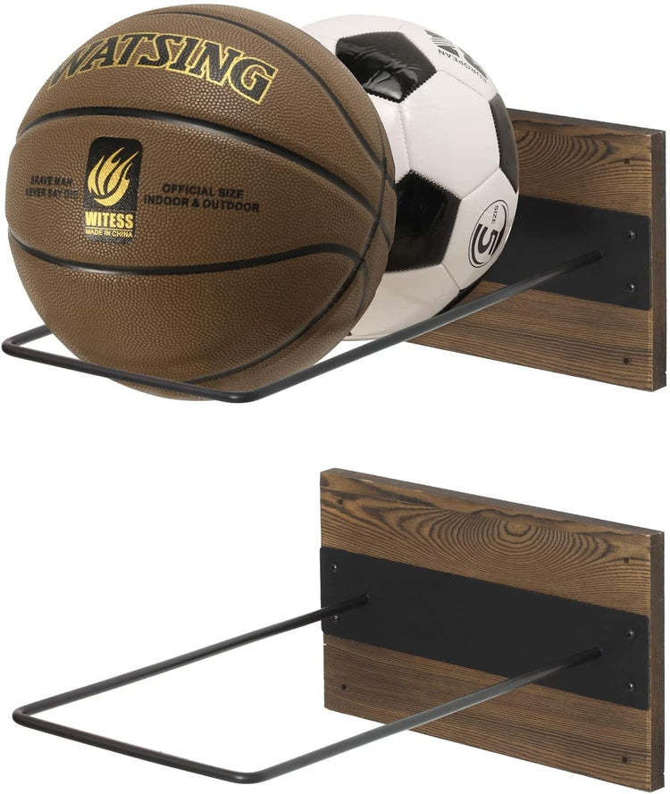 Set of 2, Wall Mounted Exercise Ball Holder, Gym Yoga Studio Storage Display Rack with Burnt Wood and Black Metal Wire-MyGift