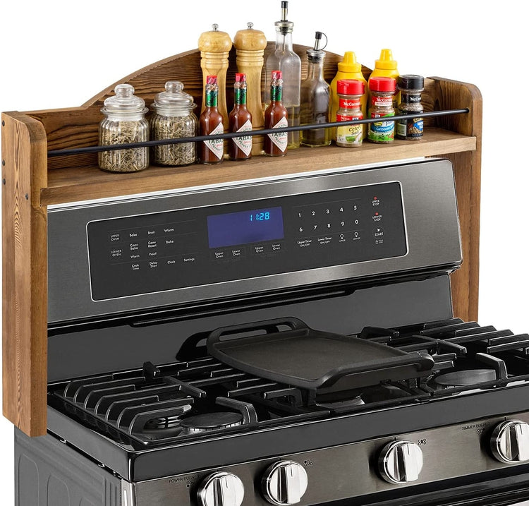 Burnt Wood and Black Metal Wire Bar Stove Top Spice Rack, Space Saving Over Oven Range Stovetop Storage Display Shelf-MyGift