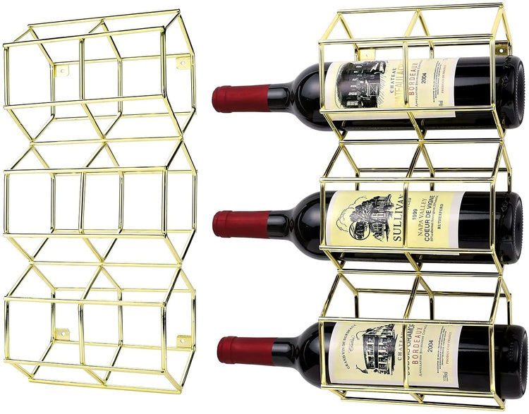 Brass Plated Metal Wire Hexagonal Wall Mounted Wine Bottle Display Rack, Set of 2-MyGift