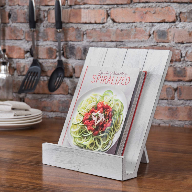 Distressed White Wood Cookbook Holder Stand with Folding Kickstand-MyGift