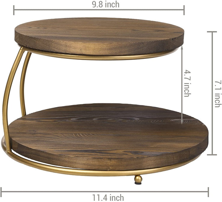2-Tier Pizza Rack, Cupcake Display Stand with Round Wood Trays and Gold Tone Metal Frame-MyGift