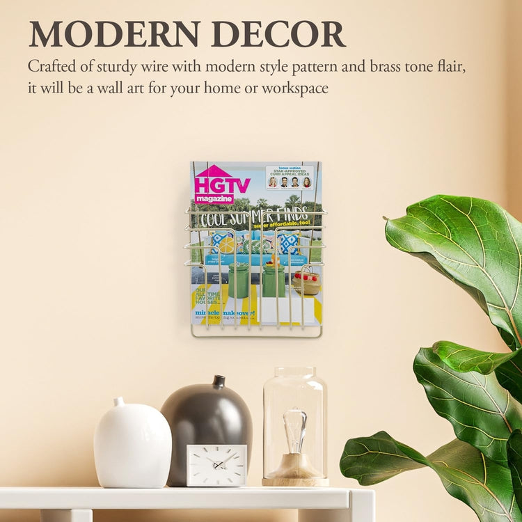 Wall Mounted Brass Metal Wire Floating Magazine Rack, File Folder Holder for Home and Office-MyGift