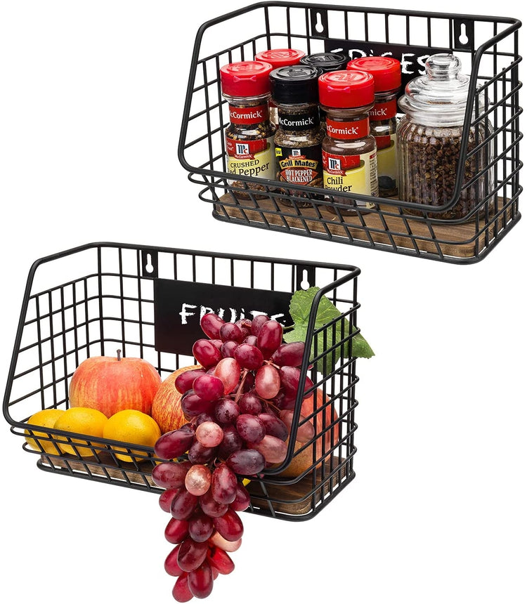 Set of 2, Black Metal Wire and Burnt Brown Wood Wall Mounted Kitchen Storage Organizer Baskets with Chalkboard Labels-MyGift