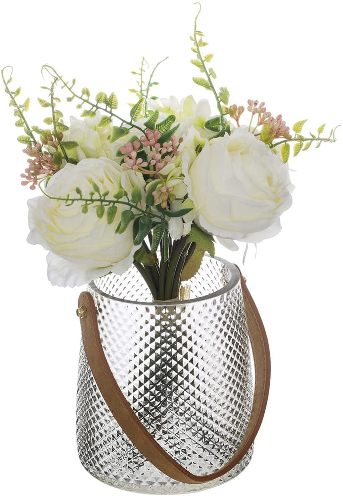 Artificial White Rose Bouquet Arrangement with Gray Tinted Diamond Embossed Glass Vase and Brown Leatherette Handle-MyGift
