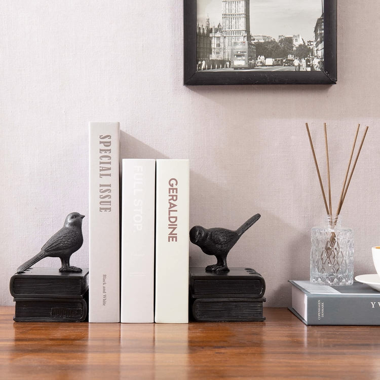 Bookends with Birds and Books, Matte Black Resin Book Supports, 1 Pair-MyGift