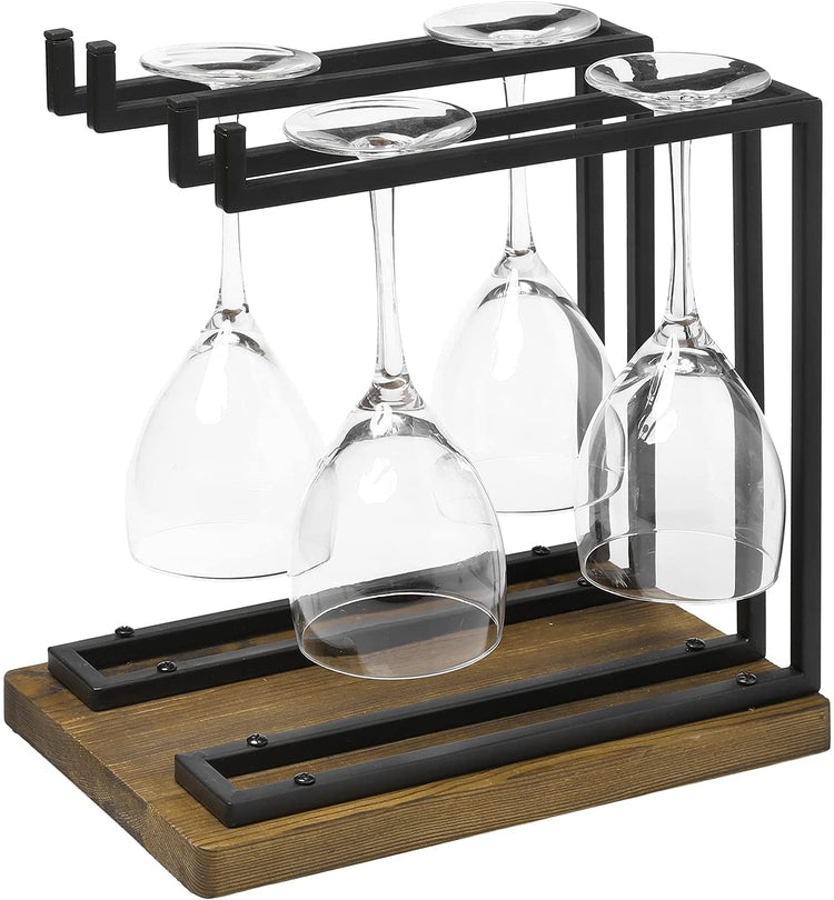 Countertop Wine Glass Stemware Holder Stand with Industrial Black Metal Double Racks and Wooden Base-MyGift