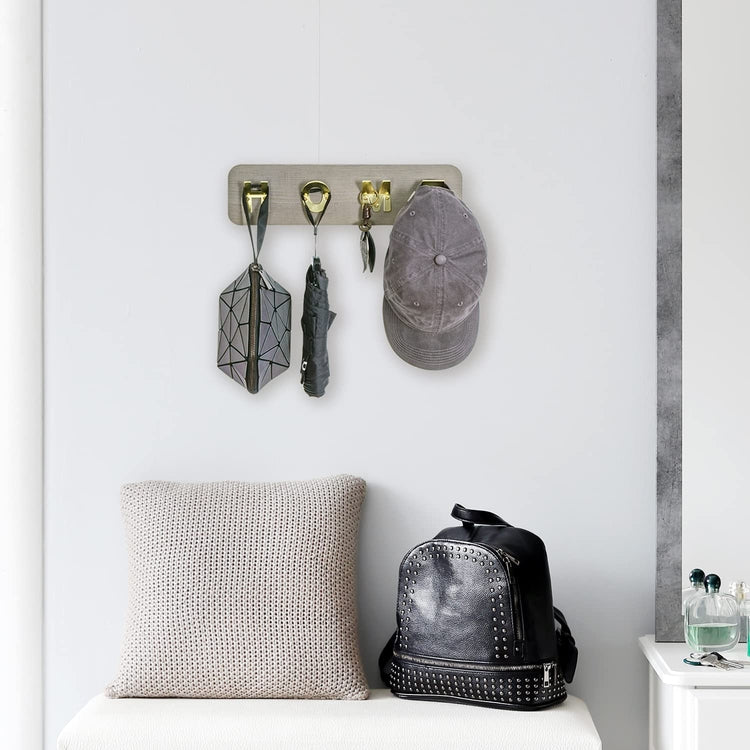 Gray Wood and Brass Tone Metal Wall Mounted Entryway Coat Hanger Garment Holder with HOME Letter Sign-MyGift