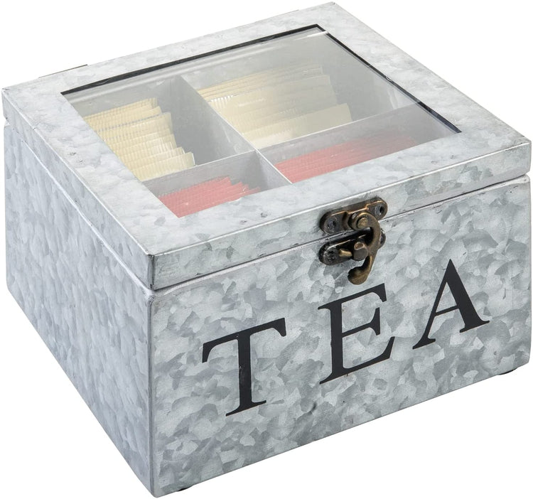 Silver Galvanized Metal Tea Bag Holder Storage Chest with Hinged Clear Lid, Antiqued Brass Latch, TEA Black Lettering-MyGift
