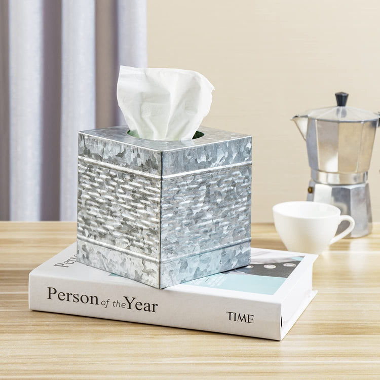 Tissue Box Cover, Galvanized Silver Metal Square Facial Tissues Holder with Wave Embossed Pattern-MyGift