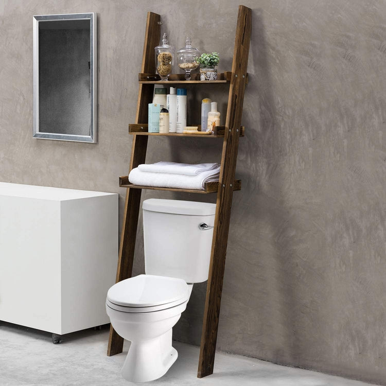 3-Tier Dark Brown Wood Over-The-Toilet Leaning Bathroom Ladder Shelf-MyGift