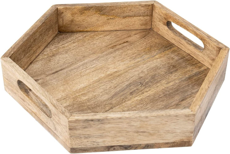 13 Inch Mango Wood Hexagonal Serving Tray, Handcrafted Coffee Table Tray with Cutout Handles-MyGift