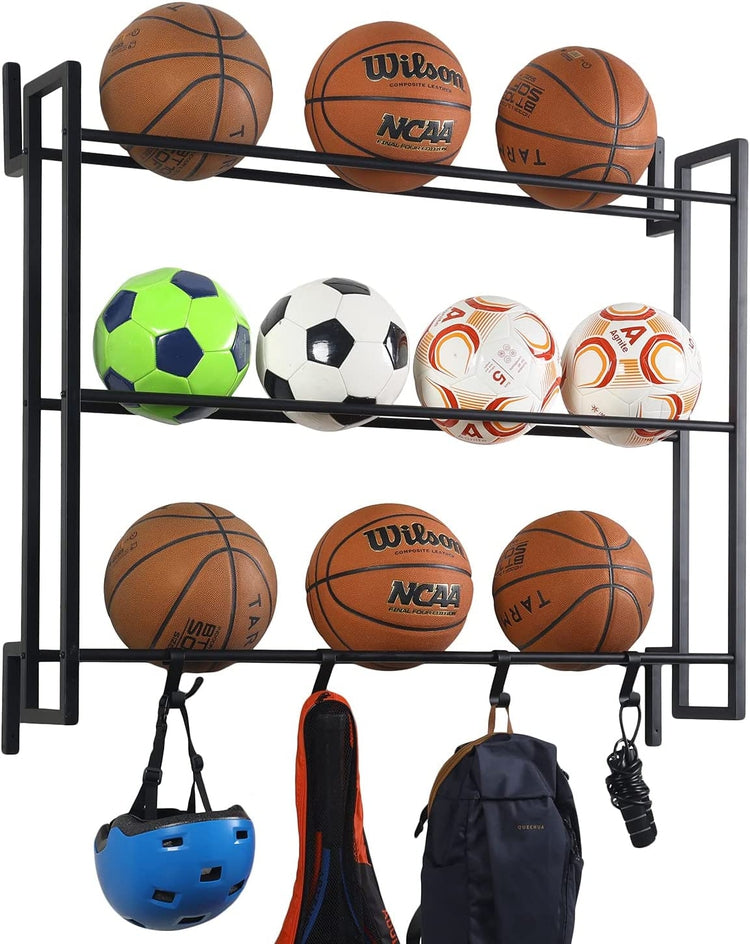 Matte Black Metal Wall Mounted Sports Ball Rack, Gym Exercise Equipment Storage Organizer Shelf Display with S-Hooks-MyGift