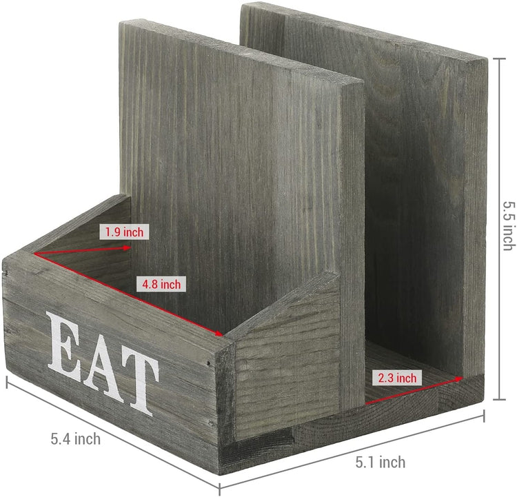 2 Compartment Gray Wood Napkin Holder Rack with Spice Shakers, Condiment Bin and Bold White Printed EAT Lettering-MyGift