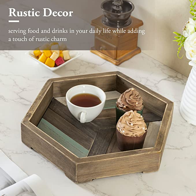 12-inch Hexagonal Burnt Wood Serving Tray with Multicolored Stripes-MyGift