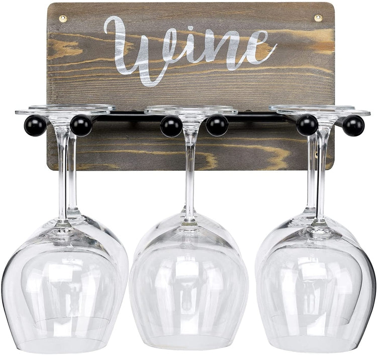 Wall Mounted Gray Wood and Black Metal Stemware Rack, Wine Glass Holder with WINE Cursive Lettering-MyGift