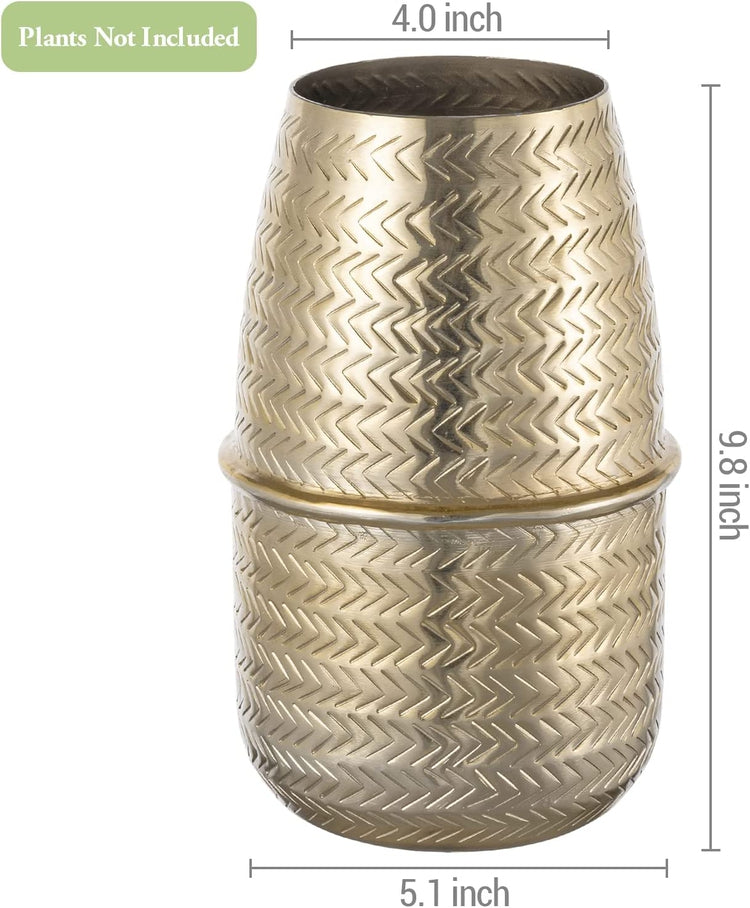 10 Inch Tall Brass Tone Aluminum Metal Flower Vase with Arrow Engraved Woven Pattern, Tabletop Centerpiece Décor-MyGift
