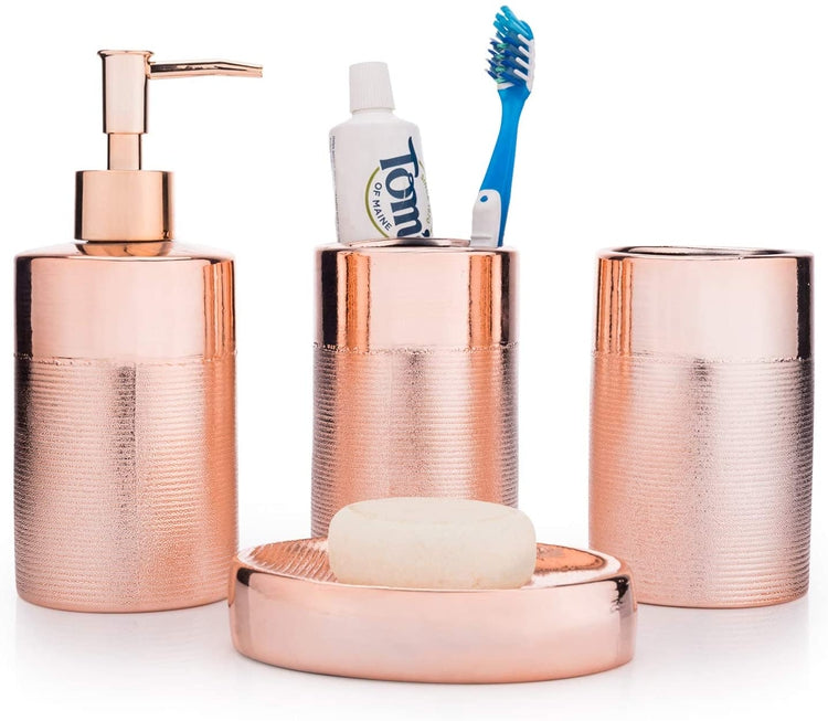Rose Gold 4-Piece Textured Ceramic Bathroom Accessory Set with Soap Dish, Pump Dispenser, Toothbrush Holder & Tumbler Rose Gold 4-Piece Textured Ceramic Bathroom Accessory Set with Soap Dish, Pump Dispenser, Toothbrush Holder & Tumbler