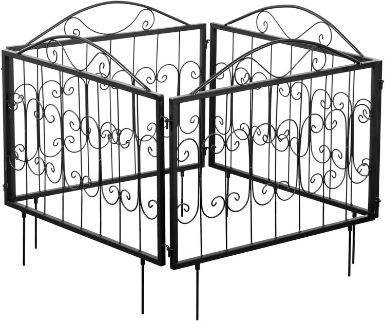 Set of 4, Scrollwork Matte Black Metal Wire Linking Trellis Fence, Support Stakes for Climbing Plants and Crawling Vines-MyGift