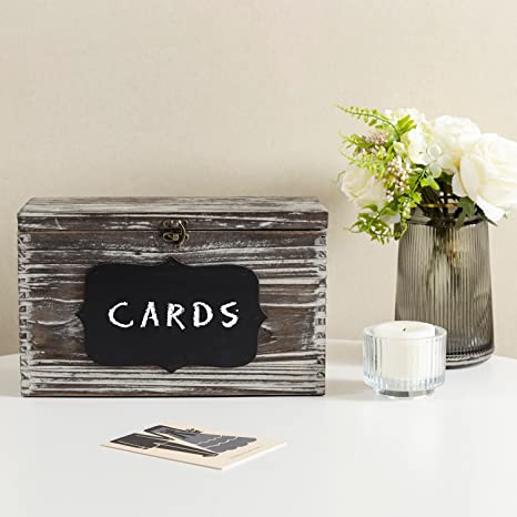 Torched Wood Wedding Card Box, Gift Card & Thank You Cards Holder with Slotted Lid, Latch and Chalkboard Label-MyGift