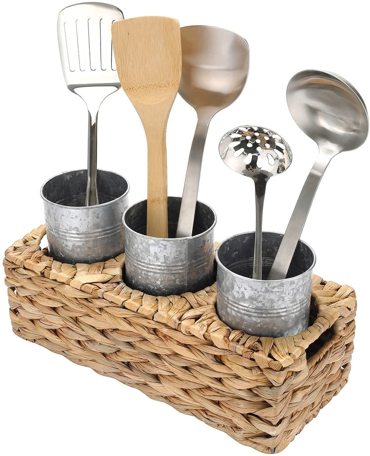 3 Slot Galvanized Metal Dining Utensil Holder with Woven Natural Seagrass Basket and Handles-MyGift
