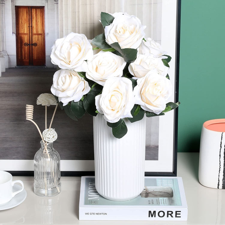 Artificial White Roses with Stem Fake Flowers Bouquet and White Ceramic Vase with Vertical Ribbed Embossed Pattern-MyGift