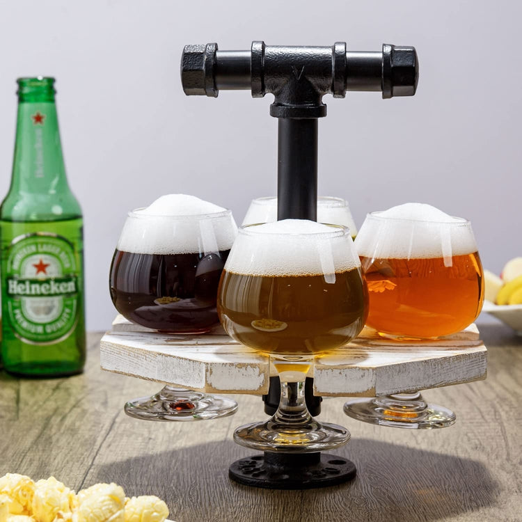 Industrial Pipe and Vintage Weathered Gray Wood Beer, Whiskey Flight Set with 4 Glasses-MyGift