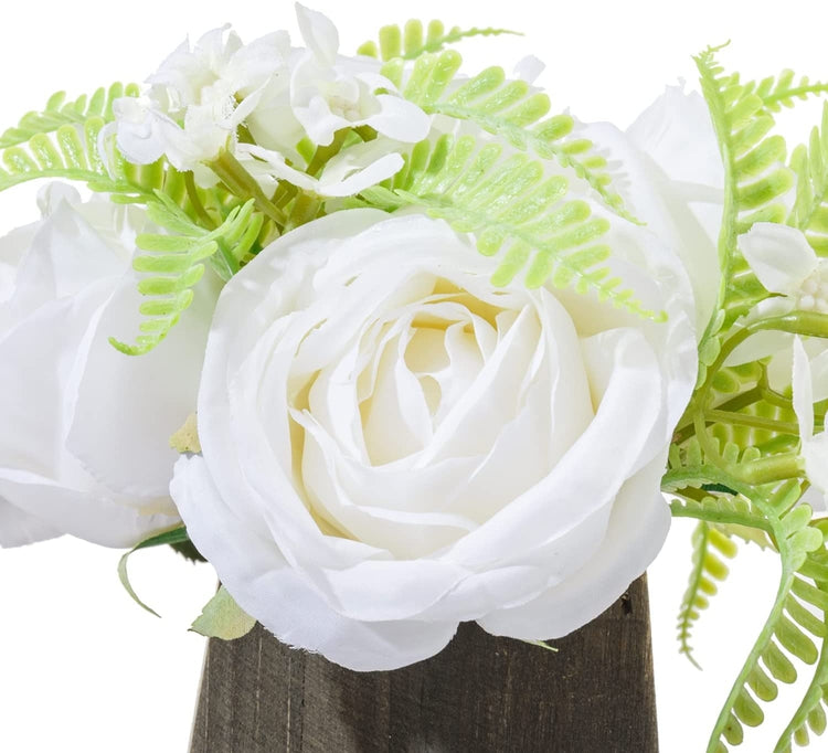 White Artificial Rose Bouquet Arrangement Fake Flowers for Decoration in Gray Brown Tapered Wood Vase-MyGift