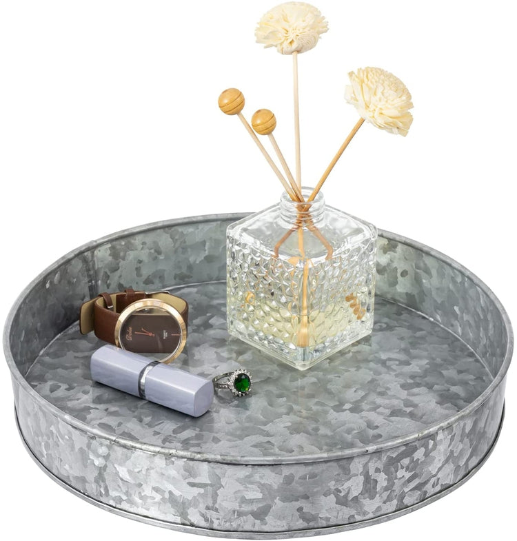 11 Inch Farmhouse Galvanized Metal Round Serving Tray, Vanity Tray and Tabletop Decorative Display Platter-MyGift