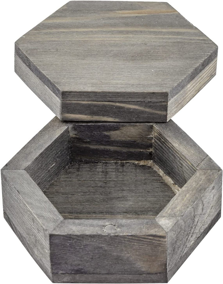 3-Inch Hexagonal Gray Wood Ring and Trinket Box for Wedding Ceremony, Small Trinket Jewelry Box-MyGift