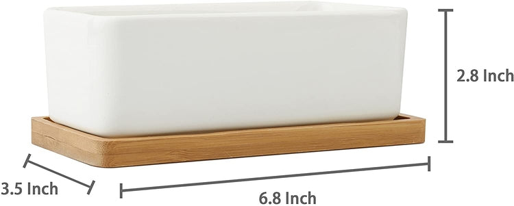2 Pack White Rectangular Planters with Removable Bamboo Saucers, Ceramic Planter Perfect for Indoor or Outdoor-MyGift