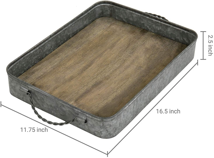 Rustic Galvanized Metal & Solid Wood Serving Tray w/ Twisted Metal Handles-MyGift