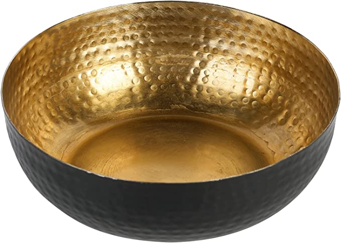 Round Hammered Metal Bowl, Black Art Deco Style Centerpiece Table Decoration and Coffee Table Décor-MyGift