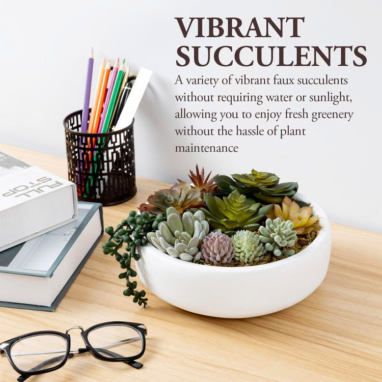 8 Inch Round Artificial Succulent Arrangement Potted, White Concrete Plant Container-MyGift