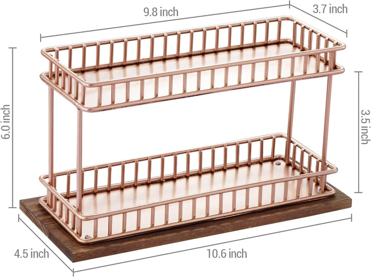 Copper Plated Metal Essential Oil Rack, Nail Polish Holder Double-Decker Storage Tray with Wood Base-MyGift