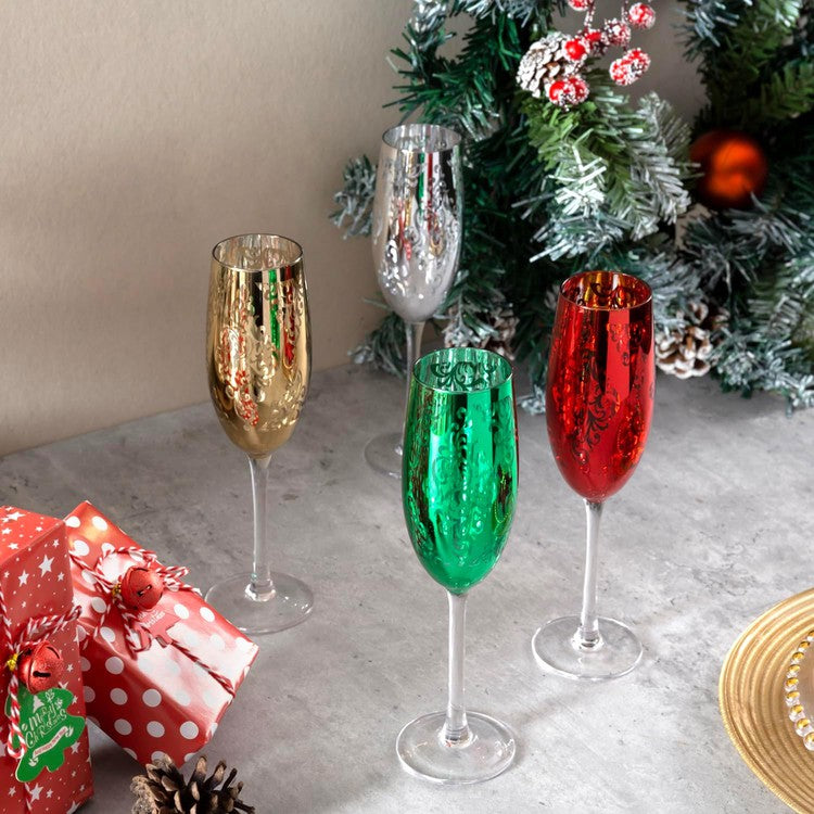 Set of 4, 6 oz Christmas Metallic Plated Stemmed Champagne Flutes, Hol –  MyGift