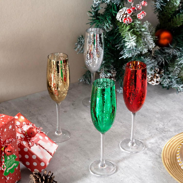 Set of 4, 6 oz Christmas Metallic Plated Stemmed Champagne Flutes, Holiday Multicolored Toasting Sparkling Wine Glasses-MyGift