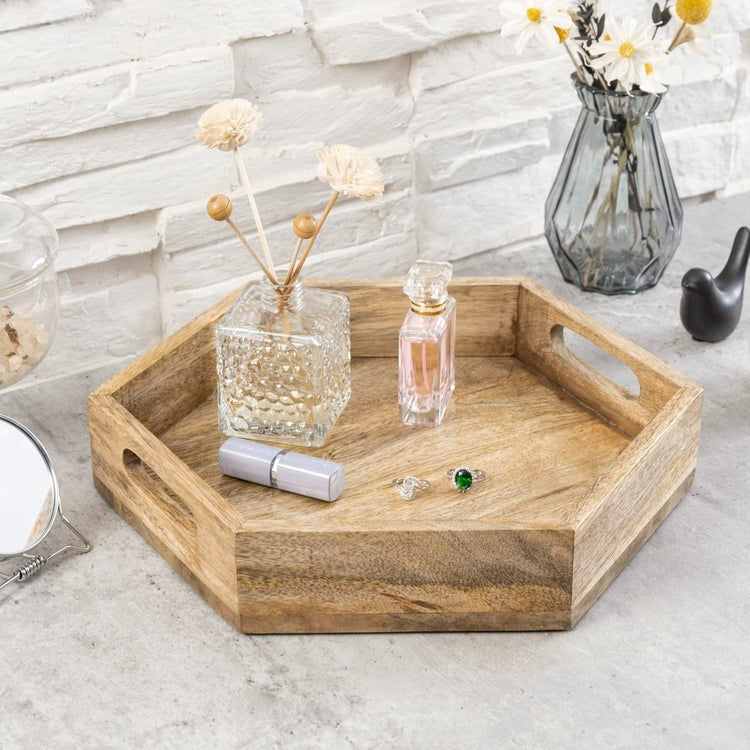 13 Inch Mango Wood Hexagonal Serving Tray, Handcrafted Coffee Table Tray with Cutout Handles-MyGift