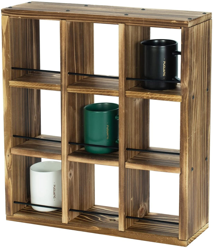 Native Mug Display Rack Wall Mounted Coffee Mug Display Rack, Rustic Burnt Wood Collectible Tr ...