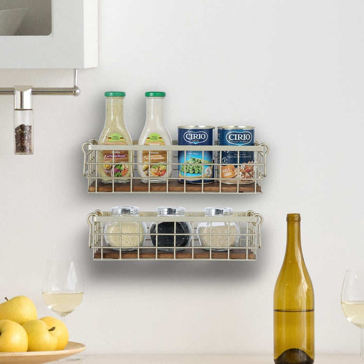 Set of 2, Wall Mounted or Tabletop Modern Brass Metal Wire and Burnt Wood Small Decorative Storage Baskets with Handles-MyGift