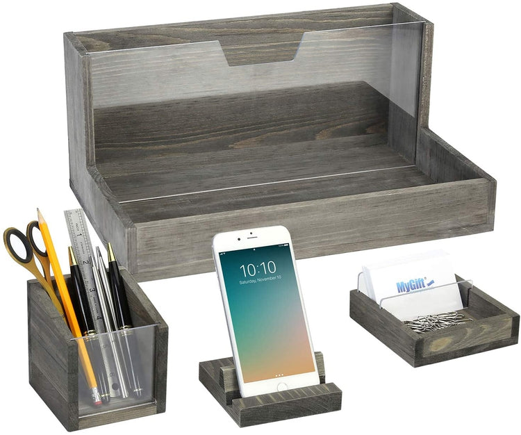 4-Piece Gray Wood and Clear Acrylic Deluxe Office Desk Accessory Organizer Combo Set-MyGift