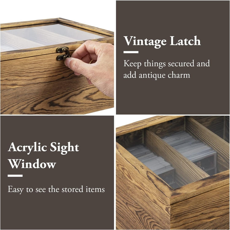 Burnt Wood Trading Card Storage Box with 4 Compartments, 4 Acrylic Dividers, Hinged Clear Viewing Lid, and Metal Latch-MyGift