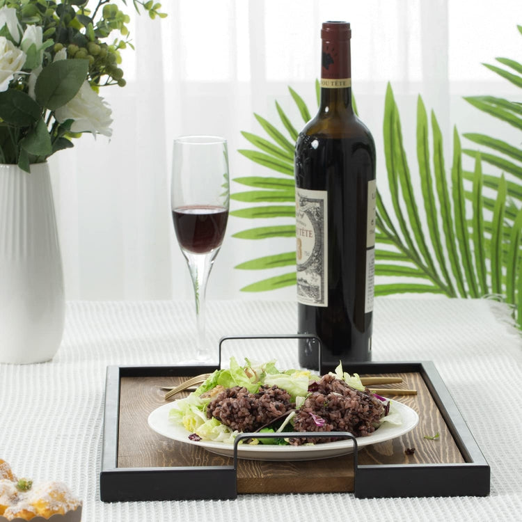 Burnt Wood Appetizer Serving Tray with Handles and Industrial Black Metal Frame-MyGift