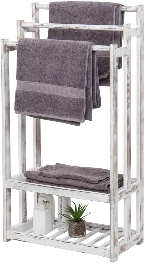 3-Tier Whitewashed Wood Towel Rack with 2 Bottom Storage Shelves-MyGift