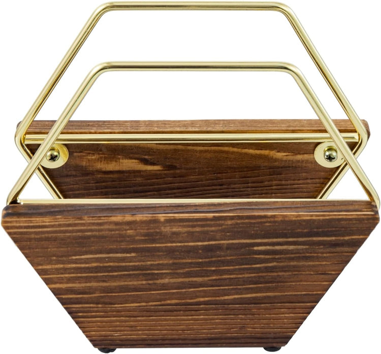 Hexagonal Burnt Wood Napkin Holder with Brass Tone Metal Wire Frame, Napkin and Cocktail Napkin Dispenser Rack-MyGift