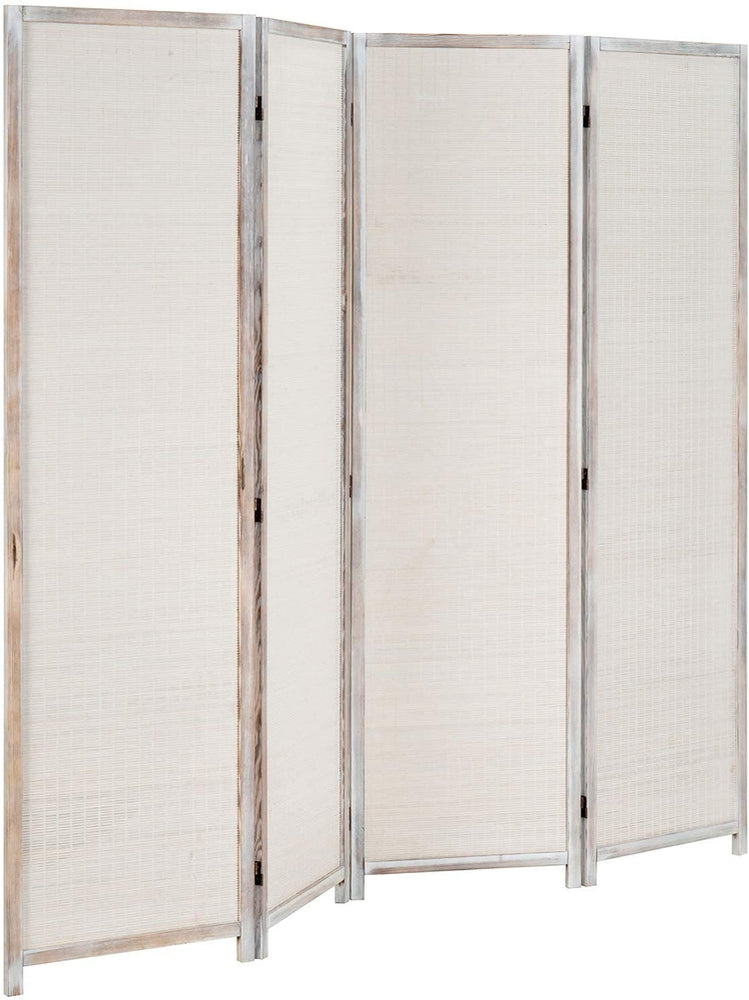 White 4-Panel Room Divider Freestanding Decorative Vintage Woven Bamboo Room Divider-MyGift