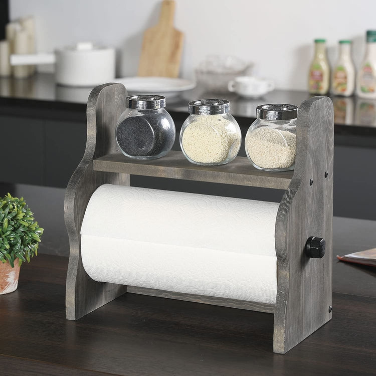Weathered Gray Wood and Black Industrial Pipe Paper Towel Roll Holder Dispenser with Shelf, Wall Mounted or Countertop Storage Rack-MyGift